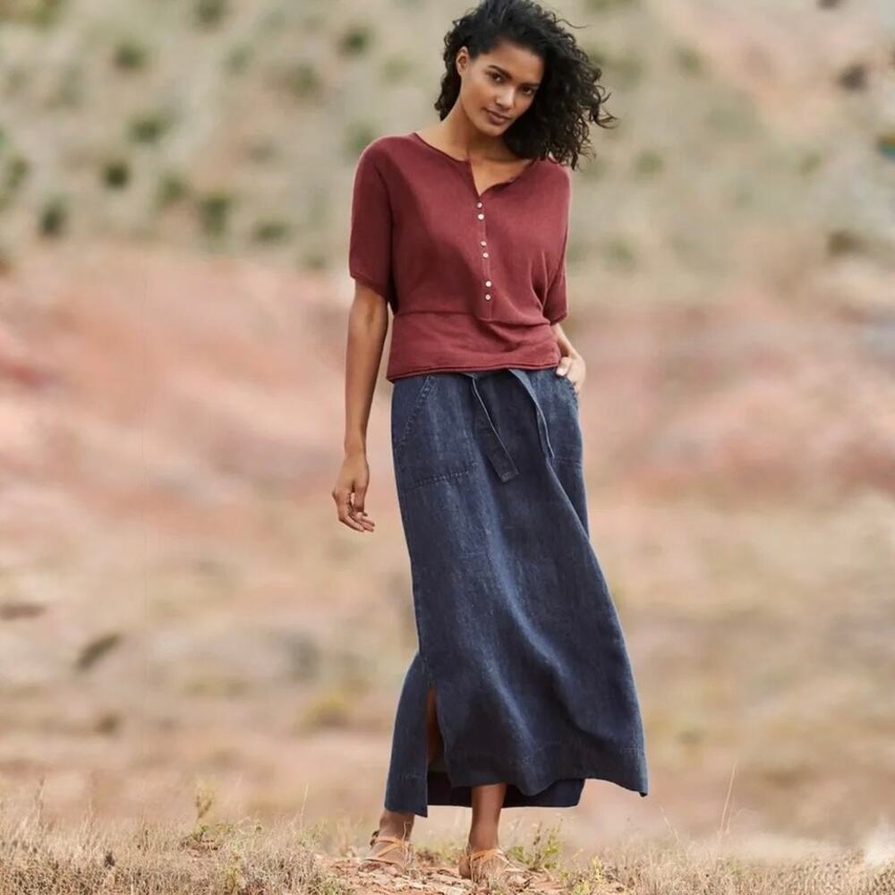 Poetry Indigo-Dyed Linen Twill Maxi Skirt Tie Belt Side Slits 100% UK 16 US 12